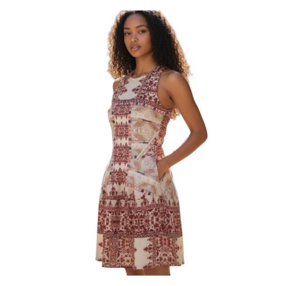 Sleeveless Patchwork Print A-Line Dress in Burgundy and Cream